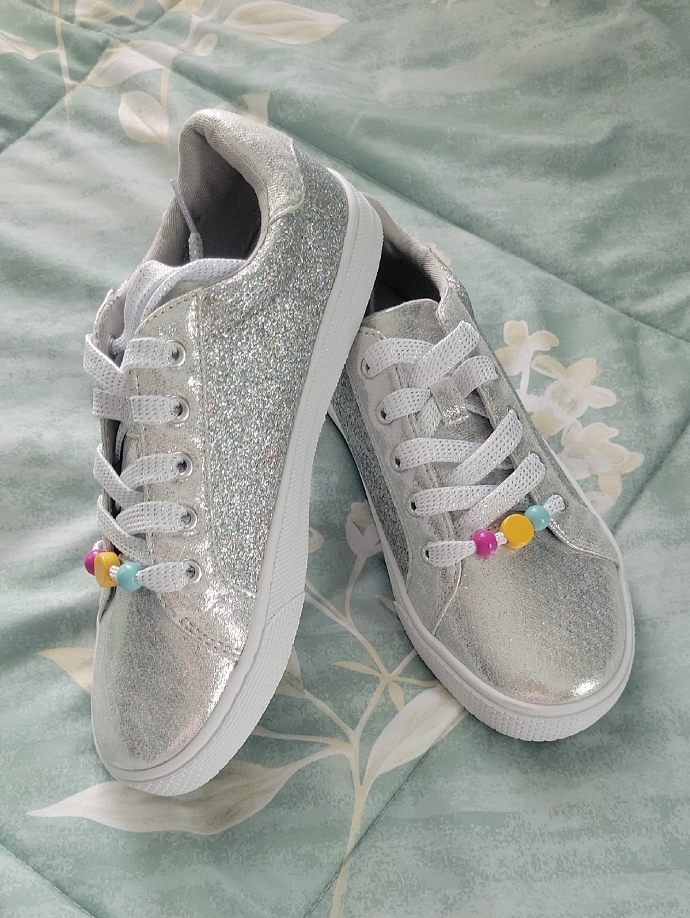 Place Silver Glitter Lace-Up Kids Sneakers with Colorful Bead Charm